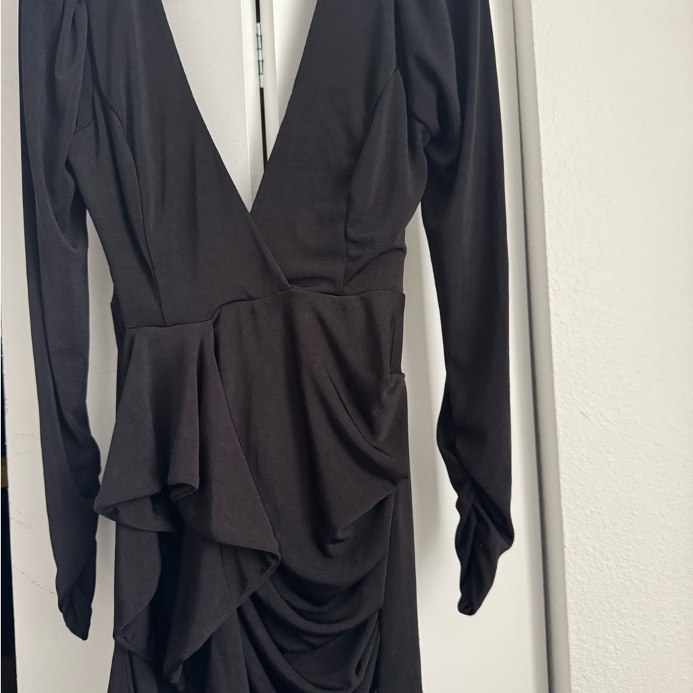 Just Me Black Long-Sleeve V-Neck Ruffled Peplum Dress